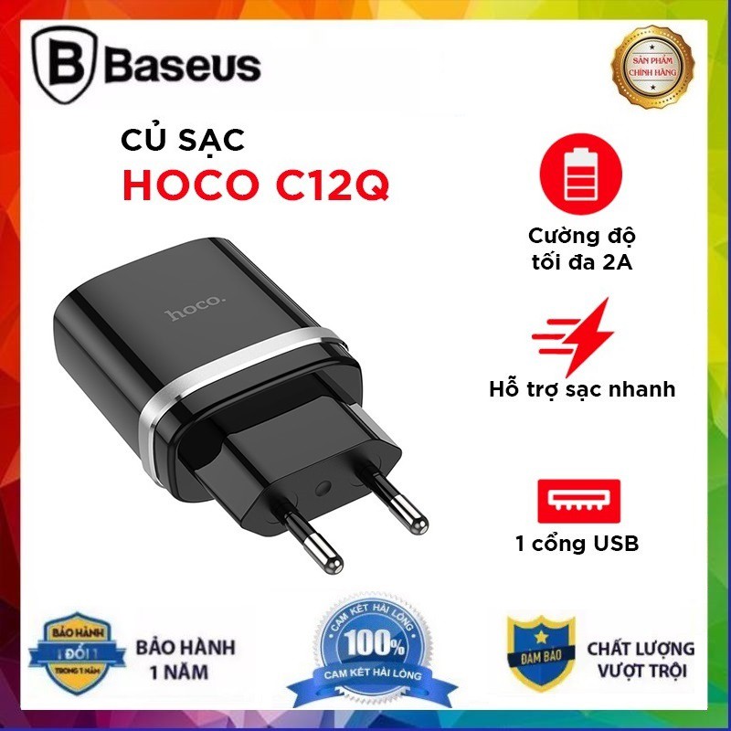 Củ Sạc Nhanh Hoco C12Q - Cốc Sạc Nhanh 18w Quick Charge 3.0 Cao Cấp, Siêu Bền, Chống Cháy Nổ - Bảo Hành Chính Hãng 1 Năm