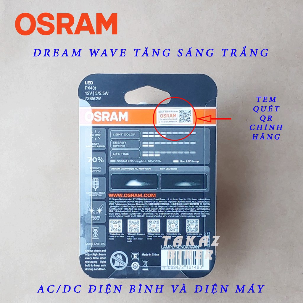 Bóng đèn LED OSRAM T19 Dream, Wave , Airblade xe thái tăng sáng màu trắng Cường độ màu 6000 Kelvin