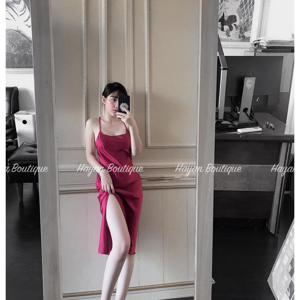 Váy ngủ sexy nữ 2 dây xẻ đùi đan dây lưng, đầm ngủ mặc nhà quyến rũ QUẢNG CHÂU #HT23