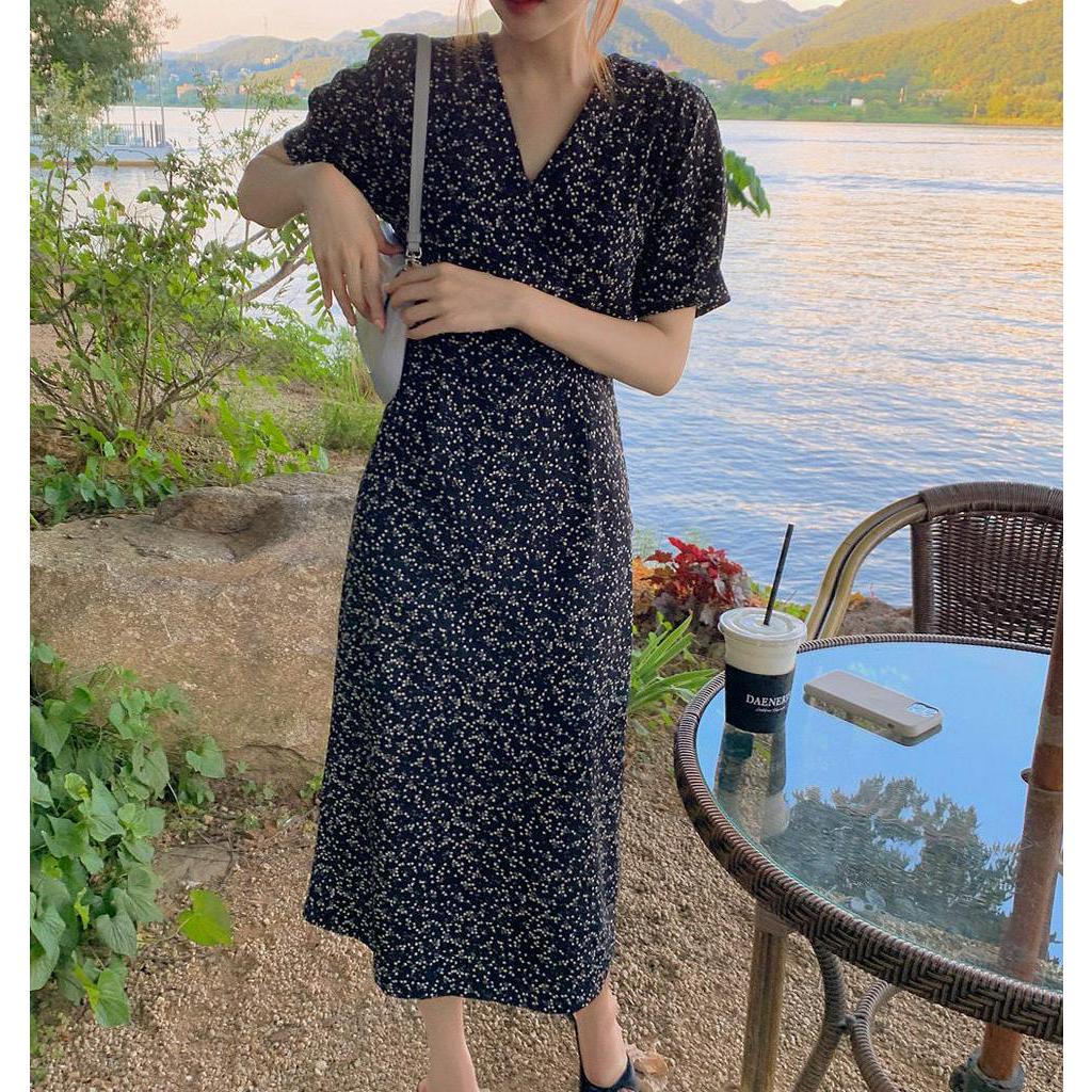 Đầm Voan Hoa Cổ V Thắt Dây Eo Thời Trang Quý Phái 63239