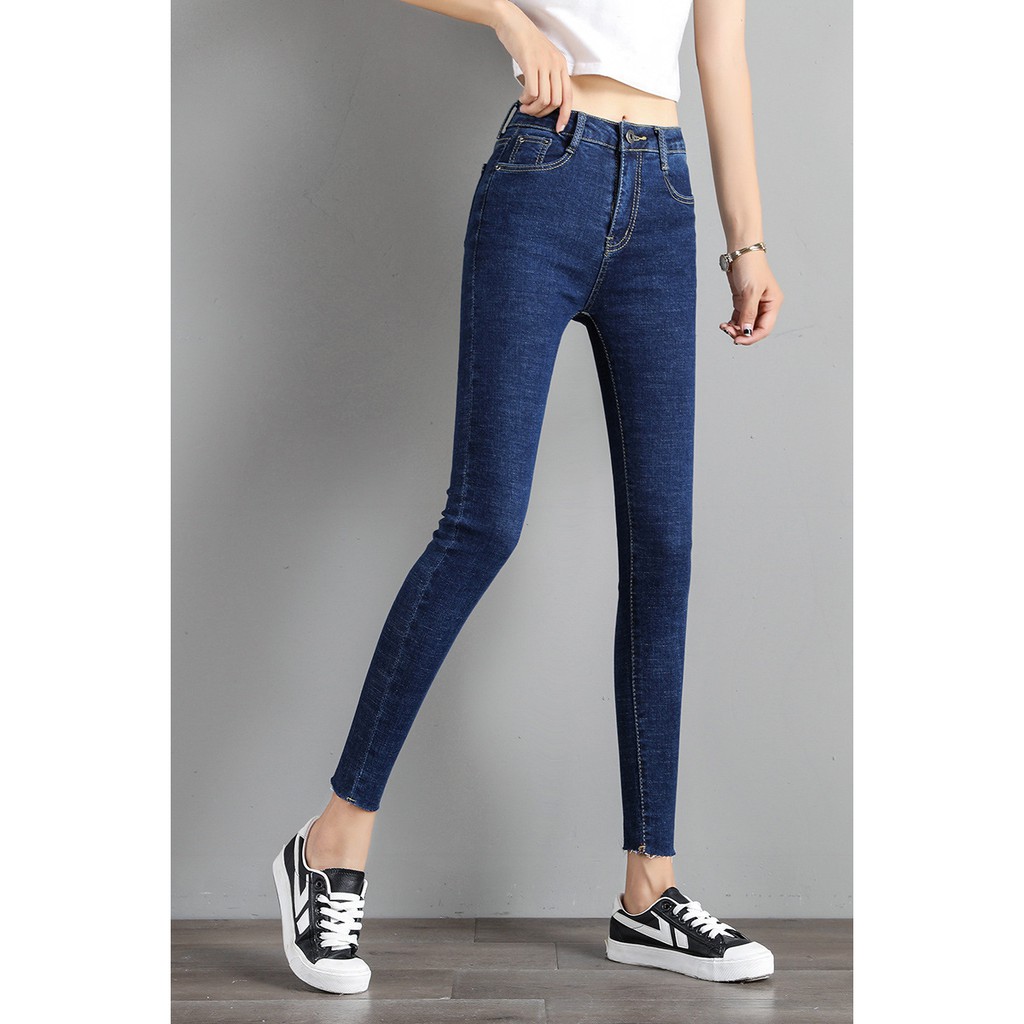 Quần Bò Nữ Dáng Skinny Quần Jean Nữ Lưng Cao Lai Tua Thời Trang