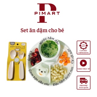 Set ăn dặm hàng Nhật: 1 Khay ăn dặm 4 ngăn Inomata và 1 Set Thìa Dĩa Inomata