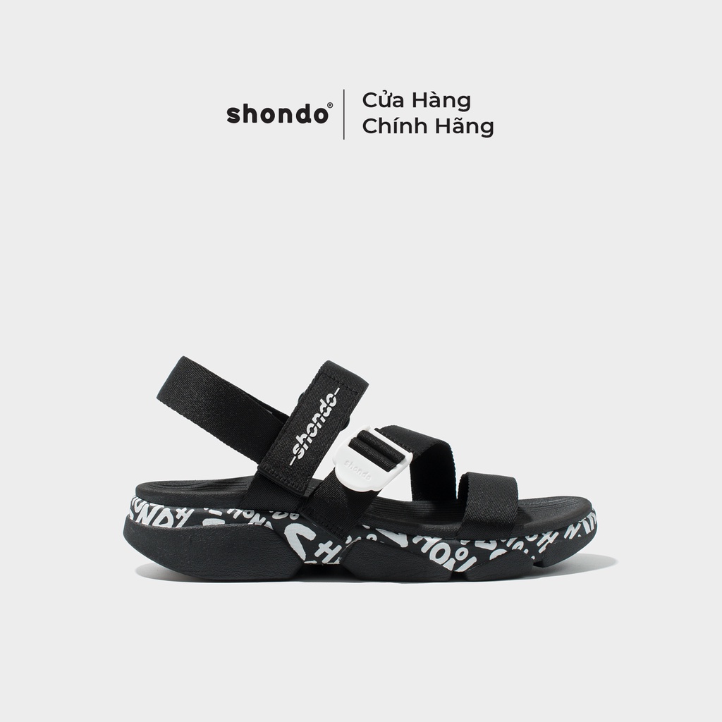 Giày Sandals Nam Nữ Unisex Shondo F7 Track Monogram Vẽ Tay Đen F7T1019