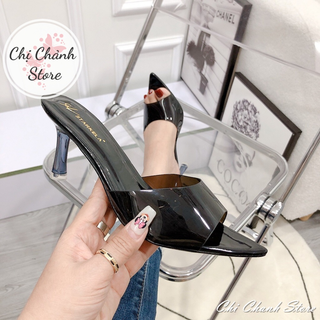 Guốc Cao Gót 7p Quai Trong Mềm Chất Da Bóng Sang Mịn Êm Chân Lên Chân Tôn Dáng Dép Cao Gót Màu Đen Trắng Chichanh store