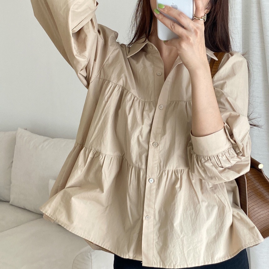 Áo sơ mi SUXI tay dài dáng rộng thiết kế đơn giản dễ phối đồ