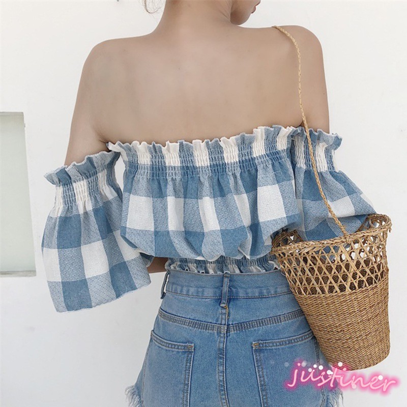 Áo Croptop Tay Ngắn Trễ Vai Họa Tiết Sọc Caro Cho Phái Nữ