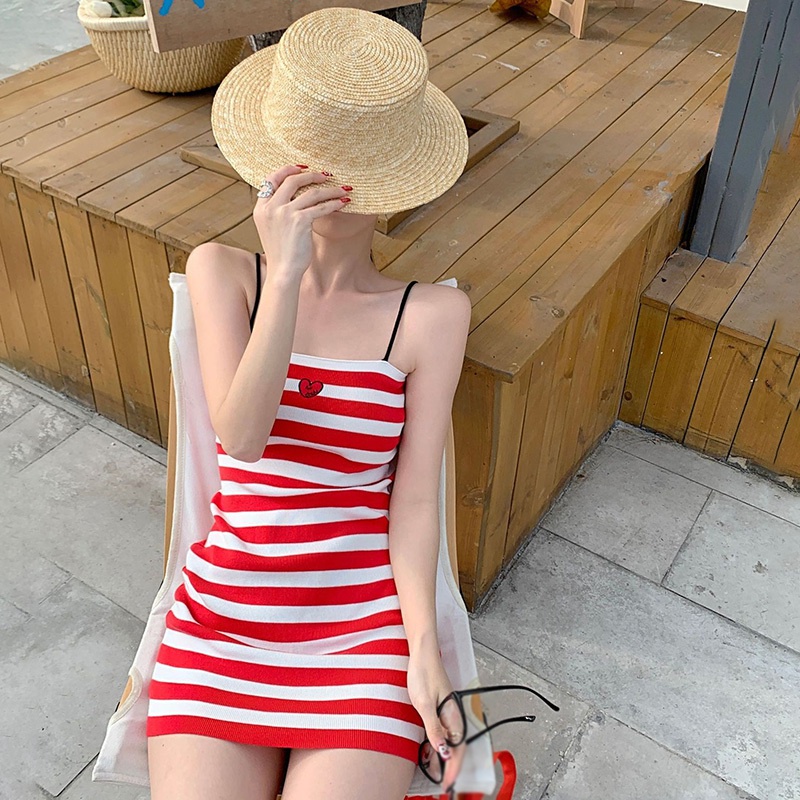 Đầm Dệt Kim Hai Dây Dáng Ôm Họa Tiết Kẻ Sọc Thời Trang Mùa Hè Quyến Rũ Cho Nữ