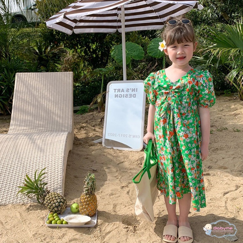 Đầm Công Chúa Tay Ngắn Phồng Cổ Chữ V In Họa Tiết Hoa Phong Cách Hàn Quốc Dành Cho Bé Gái