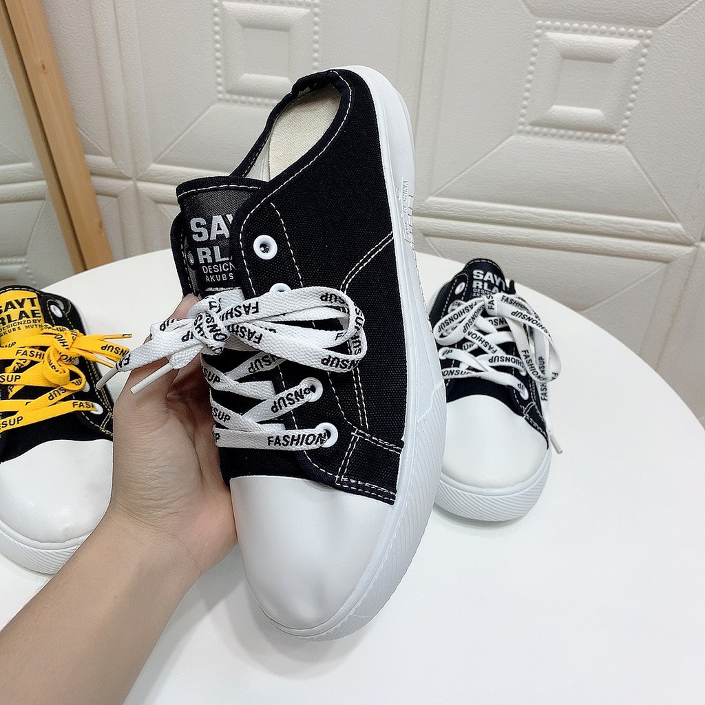 1F02 Giày Sục nữ cá tính thể thao dây in chữ giày sneaker dép đi học sục nữ giày thể thao nữ trắng