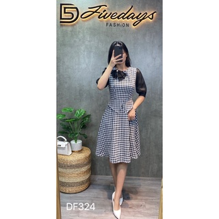 Fivedays - Đầm kẻ nơ vai phối tay