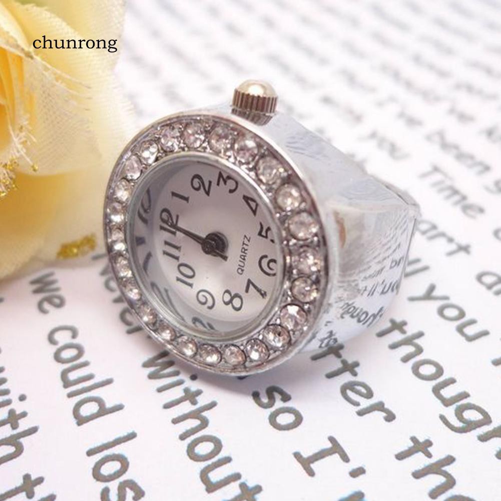 CHU_Fashion Lady Round Case Shiny Rhinestone Alloy Quartz Finger Stretch Ring Watch