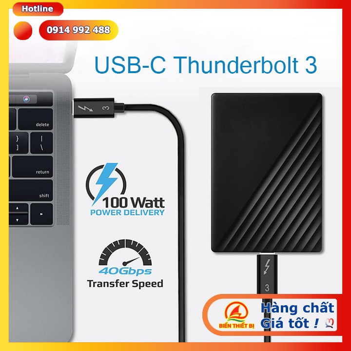 Cáp Thunderbolt 3 dài 1m xuất hình ảnh Ultra HD 5K 4K@60Hz tốc độ 40Gbps sạc 5A/100W Power Delivery.