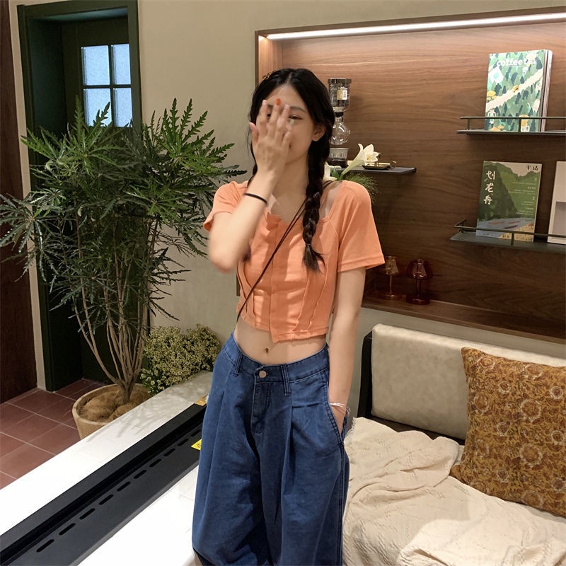 Áo Thun Cotton Tay Ngắn Cổ Vuông Ôm Dáng Thời Trang Dành Cho Nữ