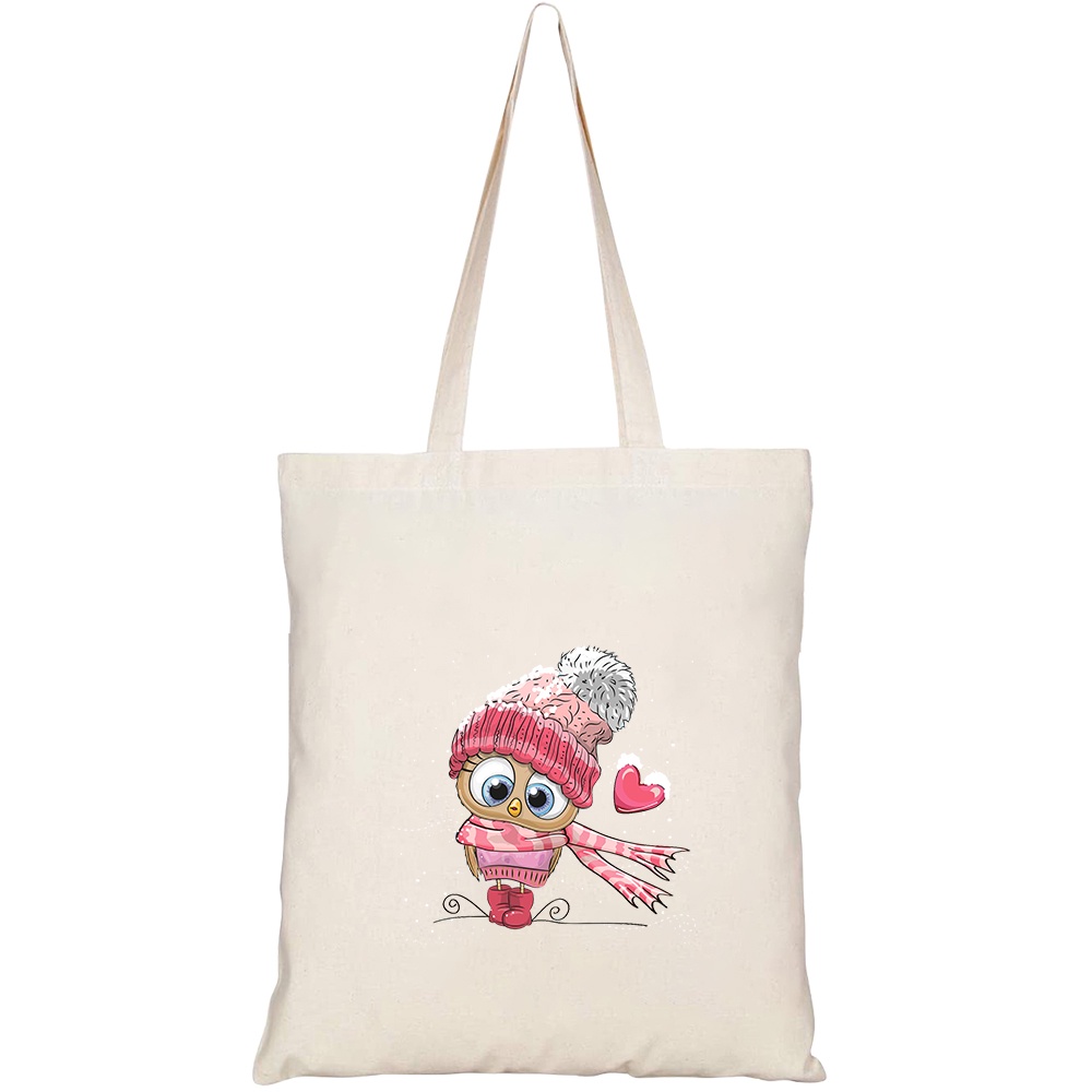 Túi vải tote canvas HTFashion in hình cute cartoon owl hat scarf HT523