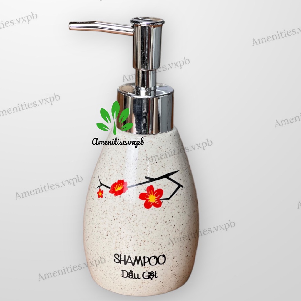 HỎA TỐC - Bình gốm dáng xoài hoa đào đưng sữa tắm, dầu gội, dầu xả, nước rửa tay, cốc đánh răng cho phòng tắm