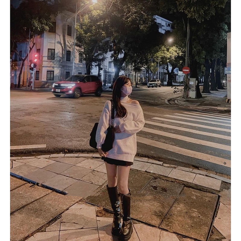 Áo Len Xẻ Vai, Áo Len Dáng Dài Giấu Quần Quảng Châu M2901-Violet