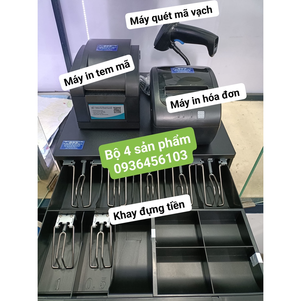 Bộ 4 thiết bị bán hàng cho shop: Máy in tem mã vạch, Máy in hóa đơn, Máy quét mã vạch, Ngăn kéo đựng tiền