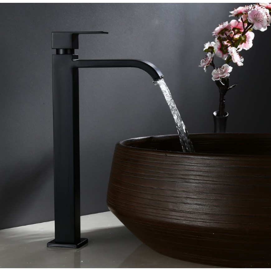 Vòi Lavabo lạnh cao vuông màu đen Inox 304 dùng cho lavabo nổi