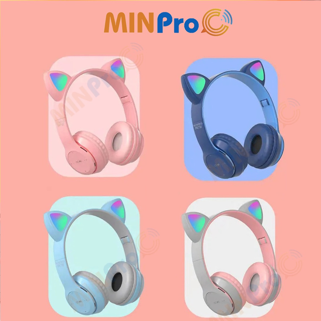 Tai nghe chụp tai mèo bluetooth 5.0 cute, Headphone tai mèo 7 màu led phát sáng không dây có mic chính hãng - MINPRO