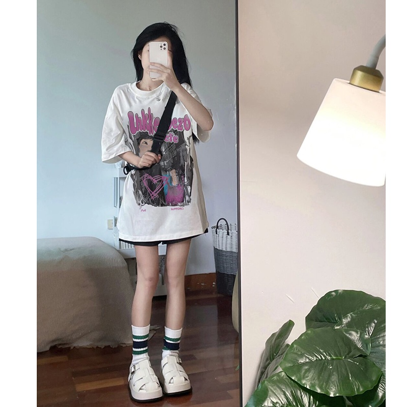 Xiaozhainv Áo Thun Ngắn Tay Dáng Rộng In Hình Hoạt Hình Dành Cho Cặp Đôi