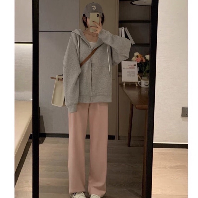 [Kèm Ảnh thật] Áo Khoác Khoá Kéo Trơn Basic Tay phồng form rộng, Chất nỉ mát dày dặn co dãn dễ phối phong cách Hàn Quốc