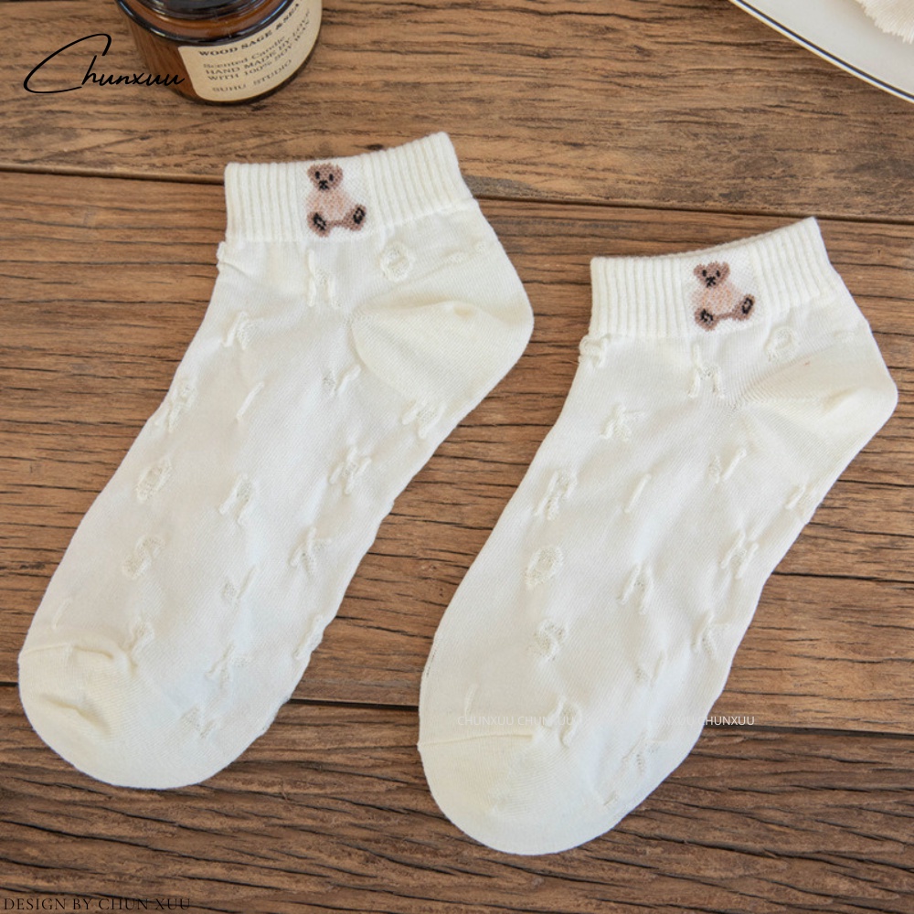 Tất nữ cổ ngắn Xuu vải cotton co dãn phối họa tiết dập nổi cao cấp - T13