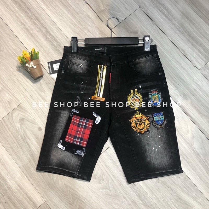 Quần bò ngố nam Dsq đính huy hiệu vá đỏ , quần jean nam, quần short bò 4 logo - Bee Shop