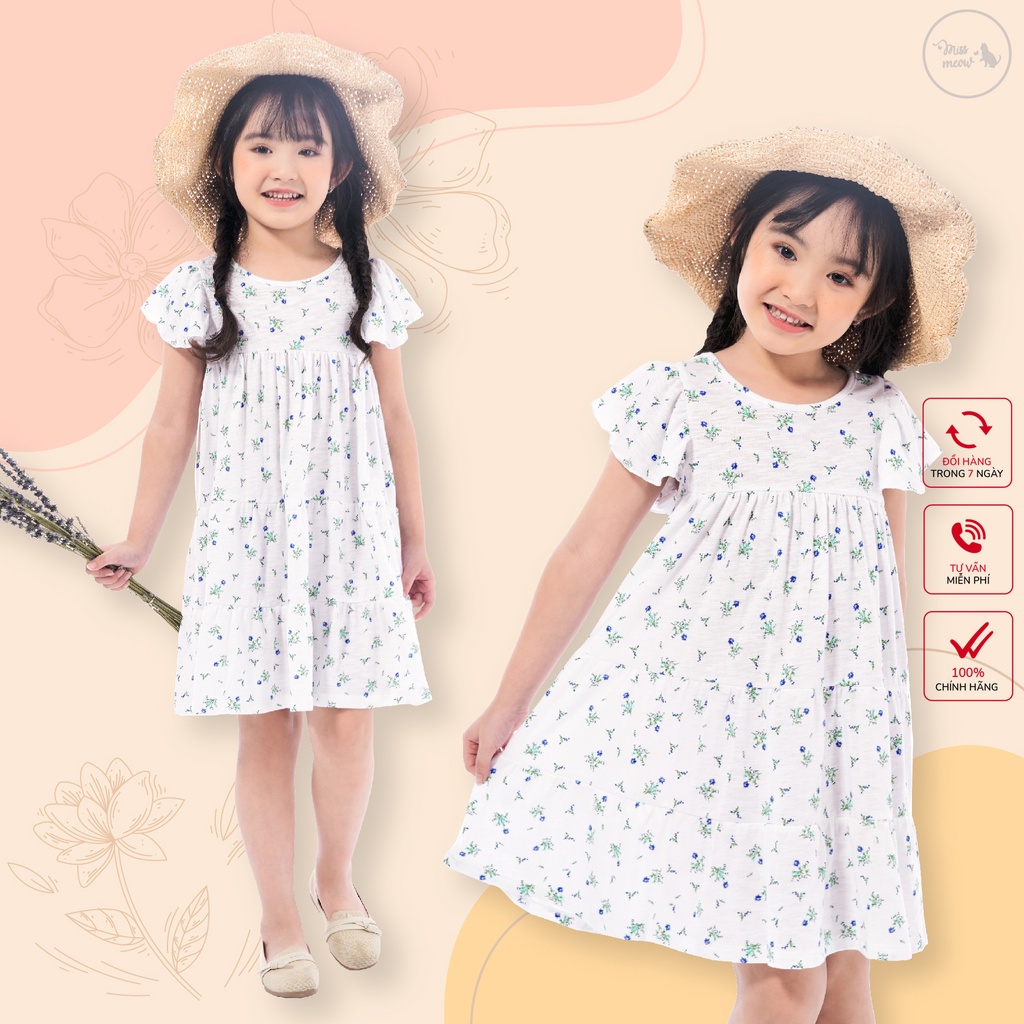 Đầm Thun Cho Bé Gái Miss Meow Dáng Rộng Babydoll Họa Tiết Hoa Nhí Xinh Phối Tay Bèo 3-9