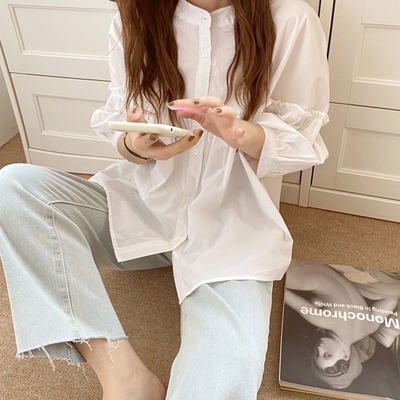 Áo Sơ Mi Trắng Tay Phồng Dáng Rộng Thiết Kế Mới Thời Trang Mùa Hè Cho Nữ