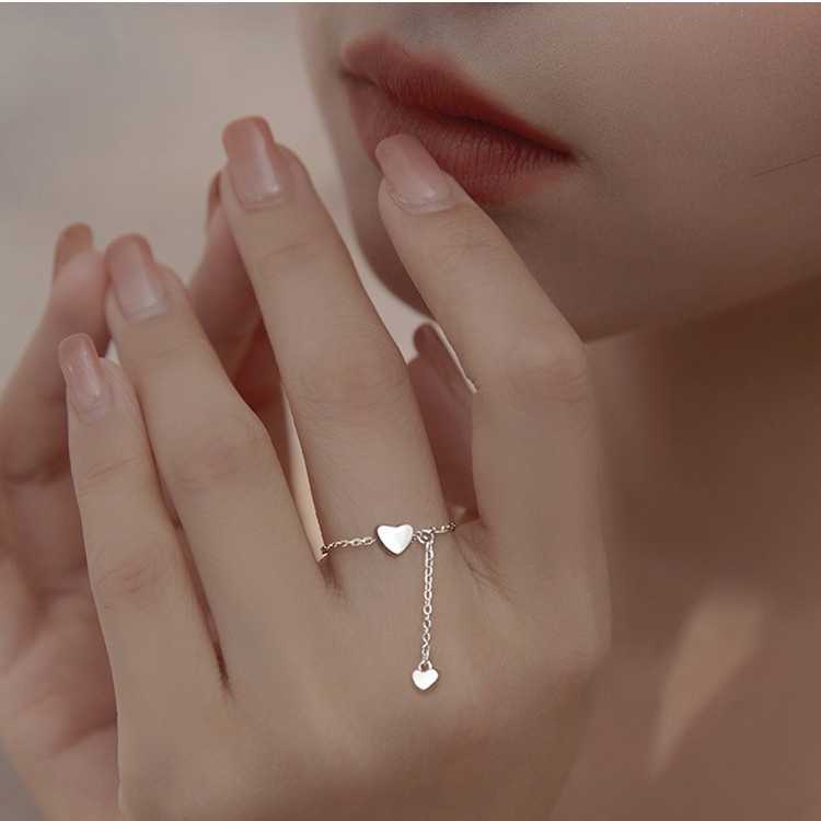 Nhẫn Bạc Dây Rút Phối Tua Rua Hình Trái Tim Thời Trang Có Thể Điều Chỉnh