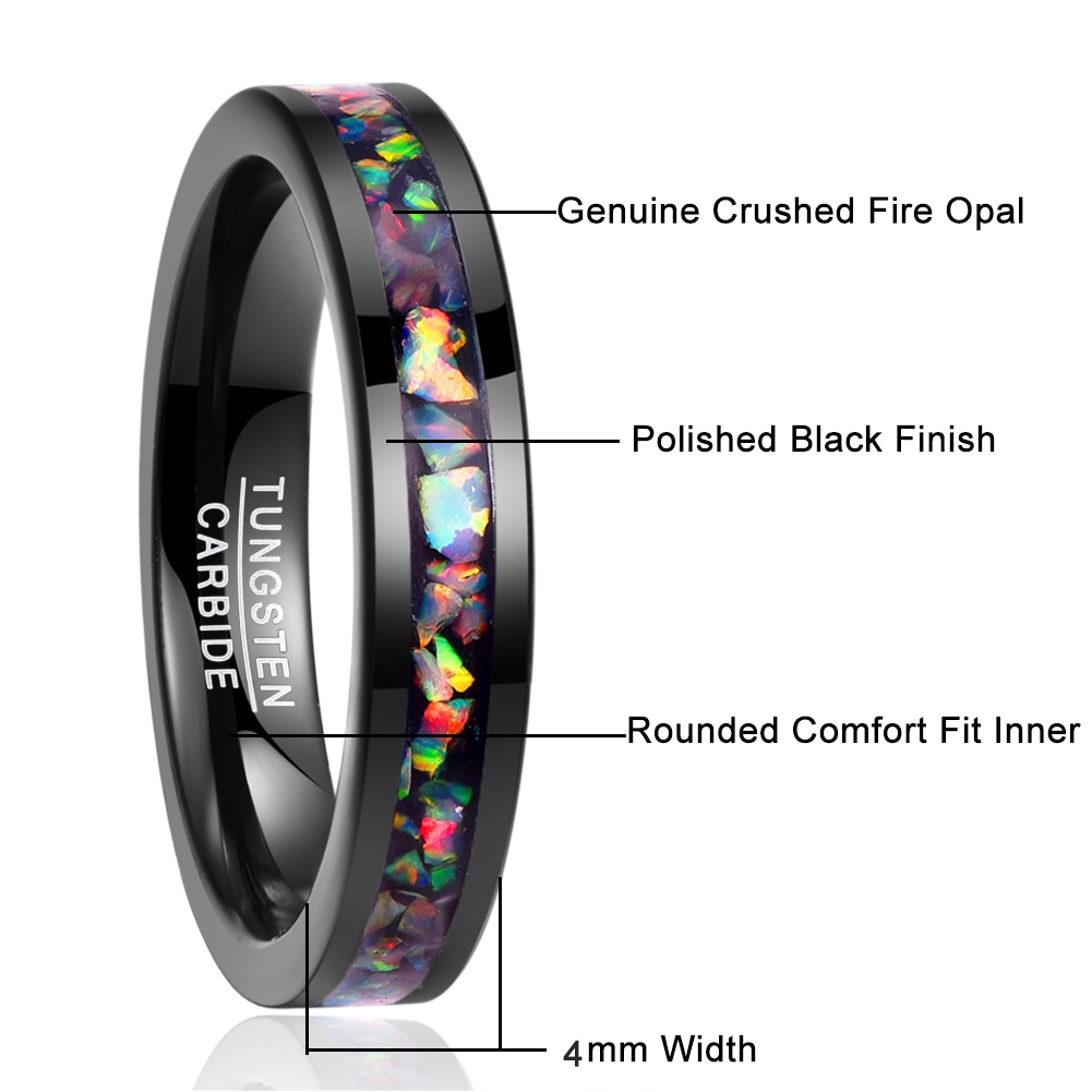 Nhẫn Cưới Màu Đen Đính Đá Opal Nhiều Màu 4mm Kích Thước Vừa Vặn Thoải Mái Cho Nam Và Nữ 5-12