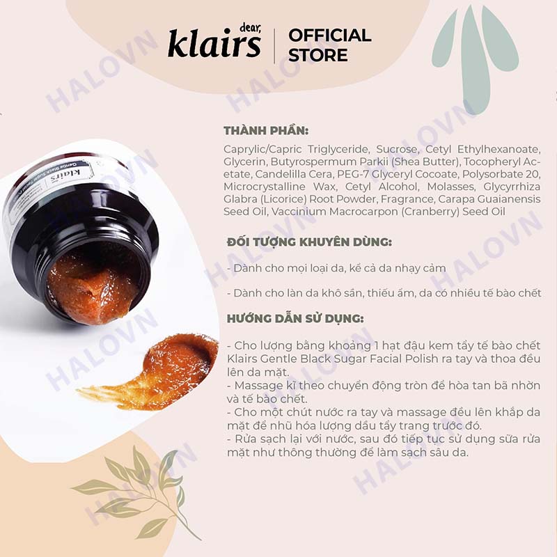 Tẩy da chết Klairs Gentle Black Sugar Facial Polish 60g làm sạch sâu, giảm mụn đầu đen