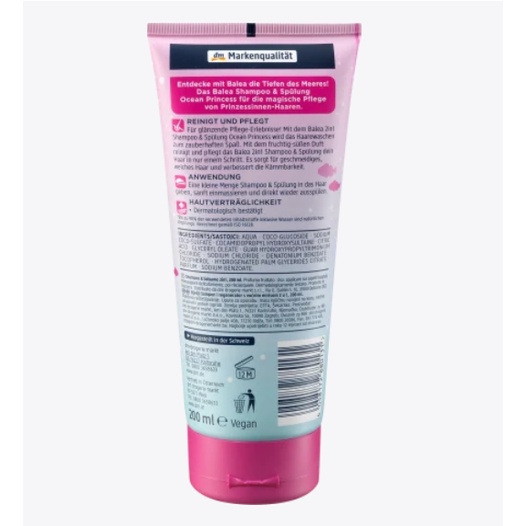 Dầu gội cho bé gái  2in1 gội & xả BALEA PRINCESS 200ML mái tóc mềm mượt hương thơm trái cây, hàng Đức