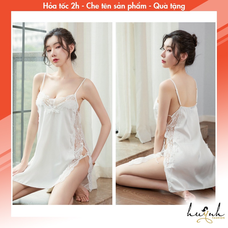 Đầm ngủ hai dây lụa phối ren xẻ tà dây đan hông sexy - N53
