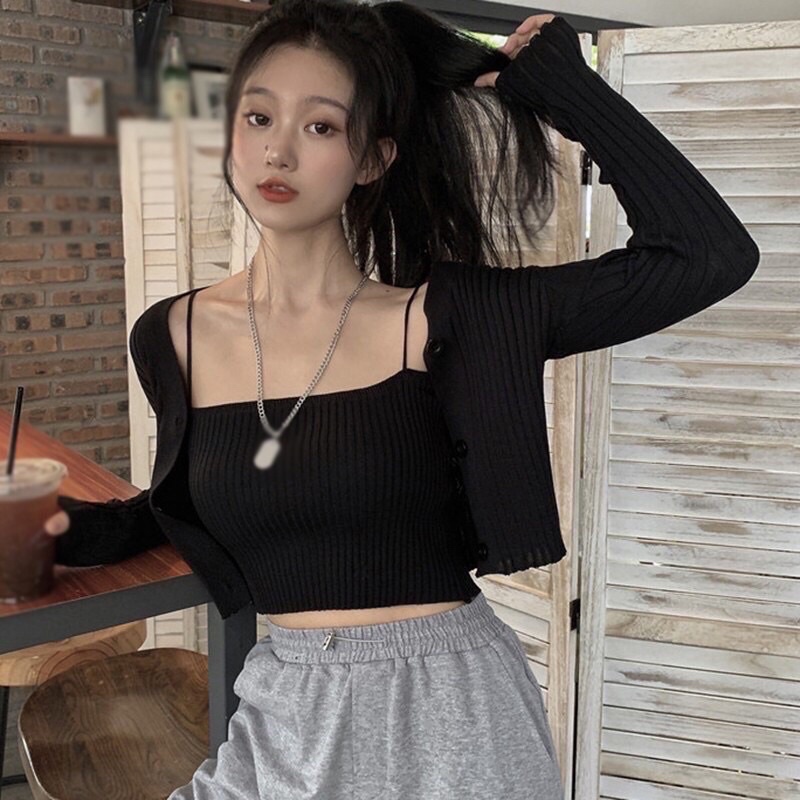 Set áo khoác Gân mỏng Cardigan kèm áo 2 dây,Set Áo Hai Dây + Áo Khoác Cardigan Màu Trơn Thời Trang hot lắm