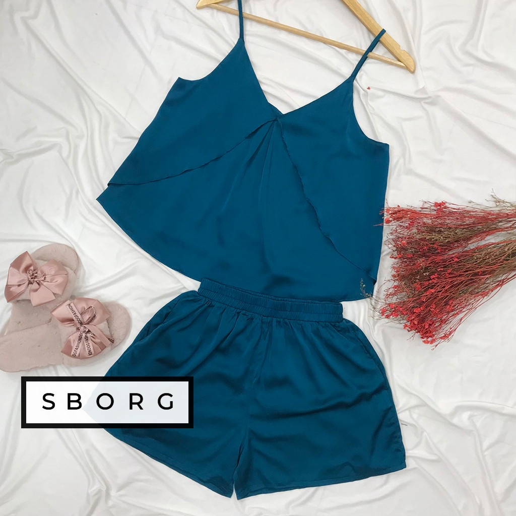 Bộ 2 dây mặc nhà SBORG bộ ngủ lụa latin cao cấp áo cổ tim xẻ 2 lớp dễ thương phối quần đùi có túi freesize dưới 60kg