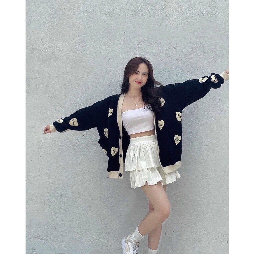 Áo Khoác Cardigan, Áo Khoác Nỉ 2 Túi Sỏ Sành Điệu in Phối Hình Trái Tim Siêu Xinh.At