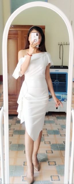 Váy trắng body lệch vai V1014-DVC- Huyền Anh shop- siêu rẻ- siêu chất
