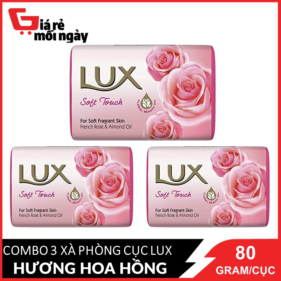 COMBO 3 Xà Phòng cục Lux Soft touch Hương Hoa Hồng (Hồng) 80g X3