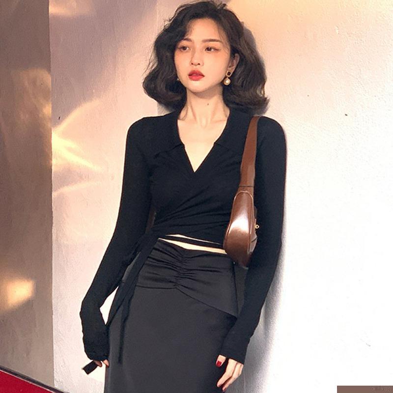 Áo croptop dệt kim màu trơn tay dài cổ chữ V thời trang Hàn Quốc cho nữ