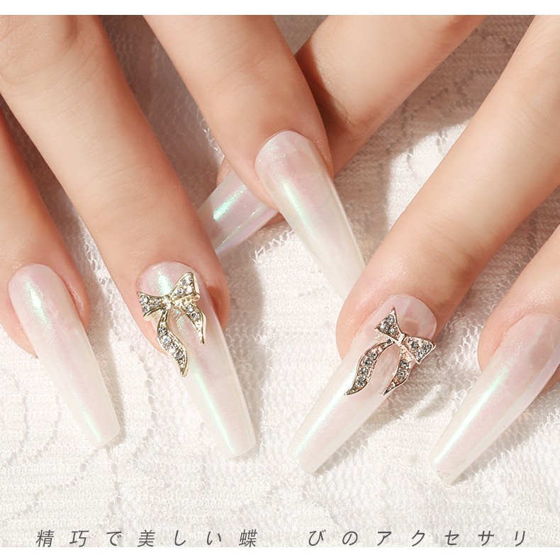 [Hàng mới về] Phụ kiện hình nơ lấp lánh bằng hợp kim màu bạc/ vàng đính móng xinh xắn