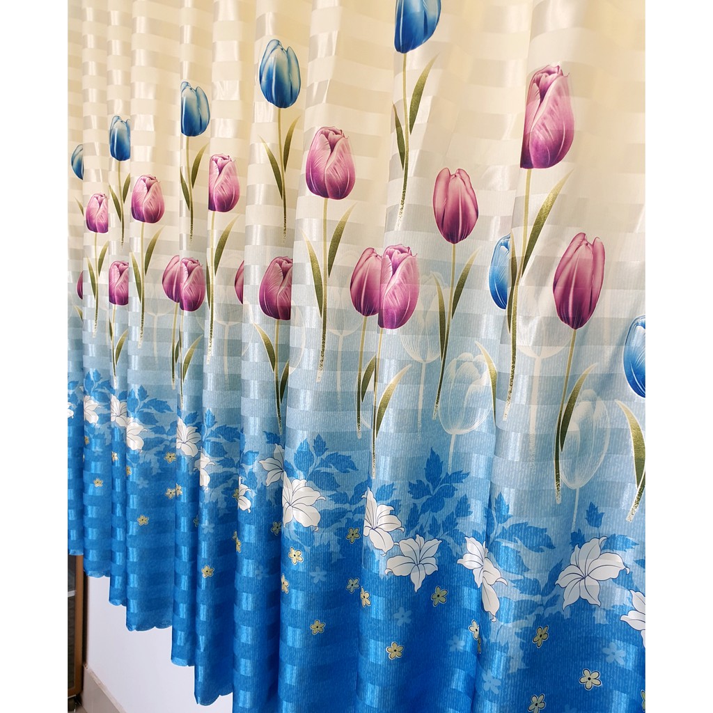 Rèm cửa sổ, cửa phòng ngủ chống nắng giá rẻ, màn cửa vải trang trí decor hoạ tiết hoa tulip xanh