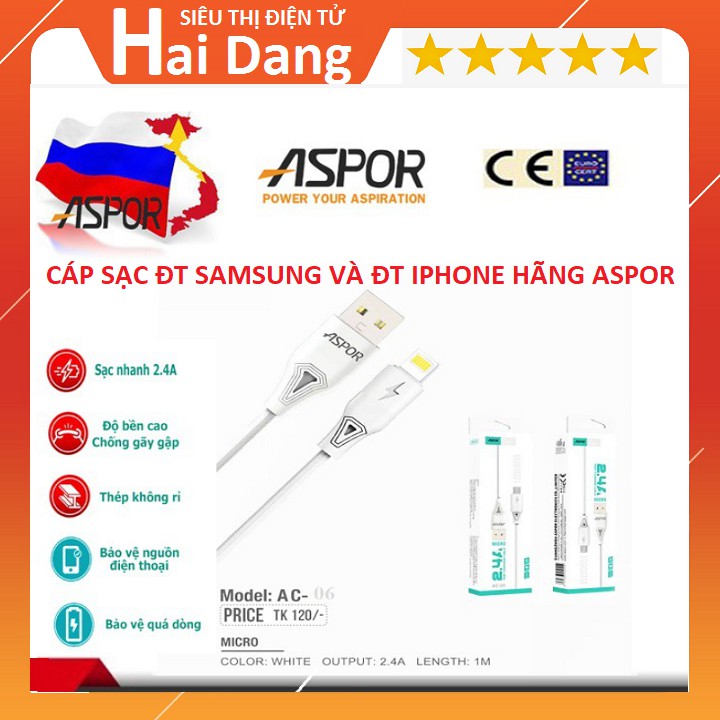 Dây Cáp Sạc Chính Hãng Aspor AC-06 Cho Điện Thoại Iphone - Cáp Sạc AC 05 Cho Điện Thoại SamSung