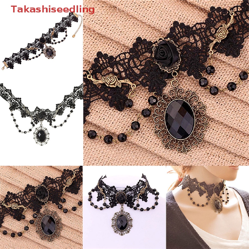 Vòng Cổ Choker Ren Hoa Hồng Đen Đính Hạt Thời Trang