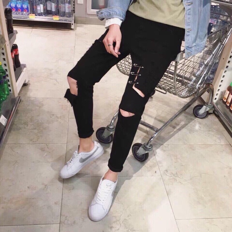 Quần jeans nam rách bụi màu ĐEN Quần jean dáng Skinny & Slim Fit Ống Côn Co Dãn Tôn Dáng cao cấp