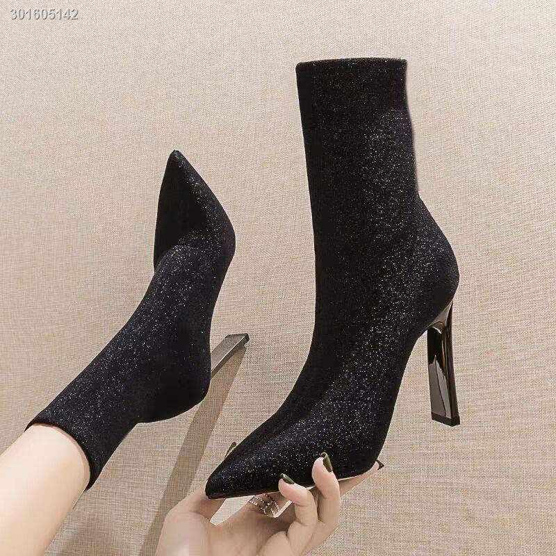 Giày bốt cao gót 19cm mũi nhọn mỏng co giãn lấp lánh thời trang thu đông