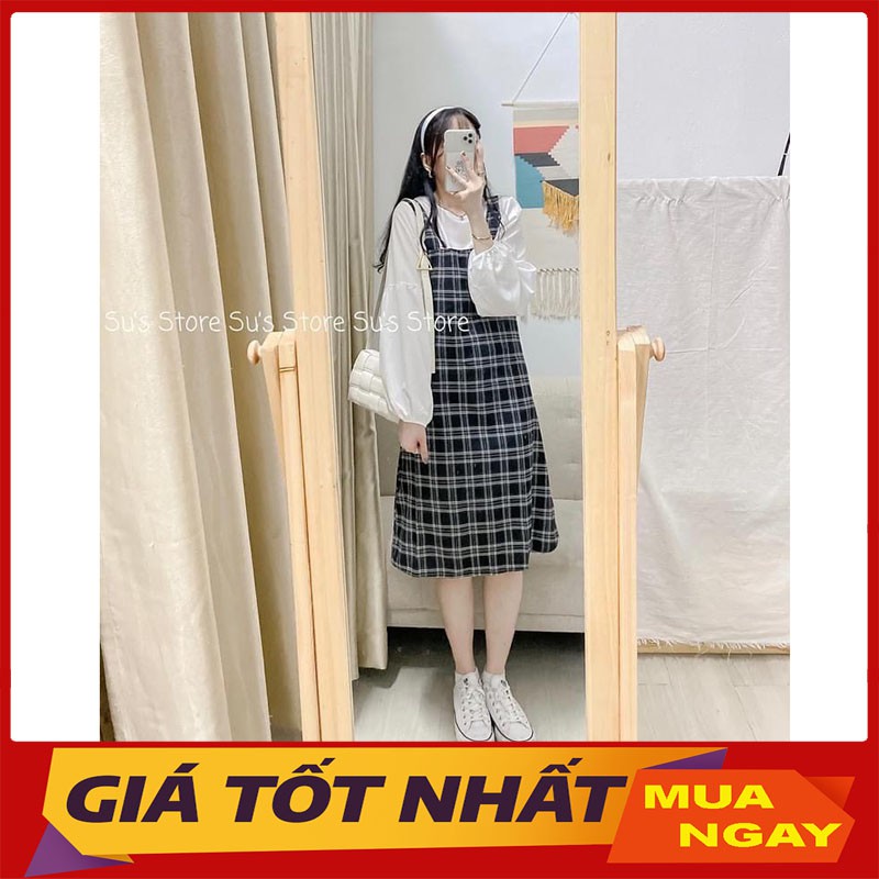 Sét Yếm 2 Dây Kẻ Caro- Kèm Áo Sơm Mi Trắng Hàng Quảng Châu Y424