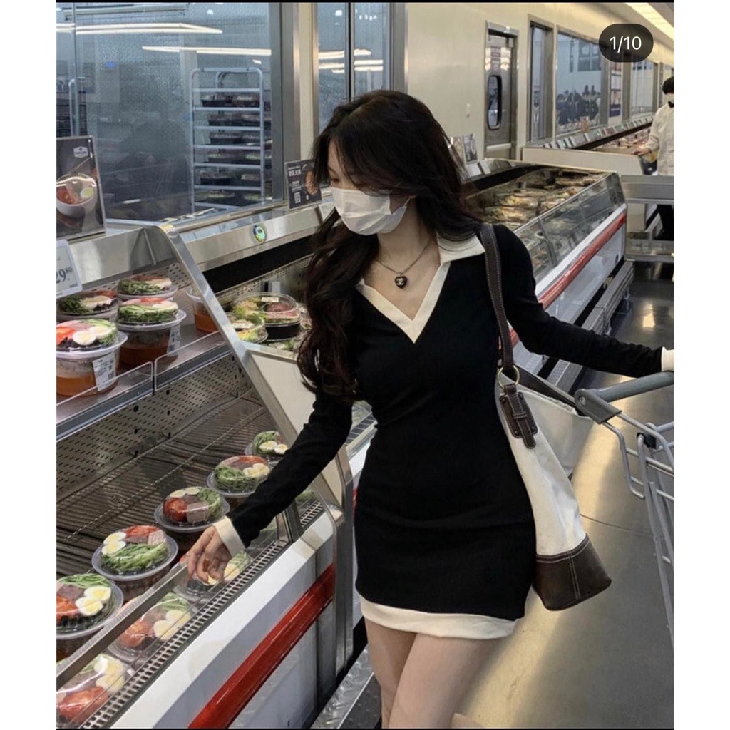 Đầm body đen tay dài cổ trắng