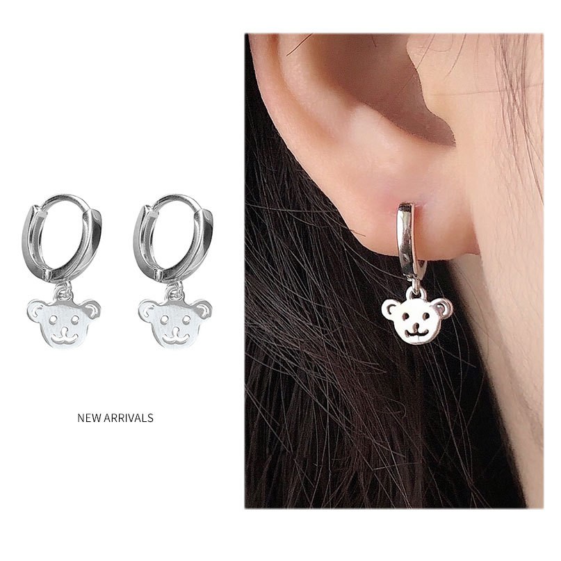 Khuyên tai tròn bạc ý 925 mặt gấu treo dài
