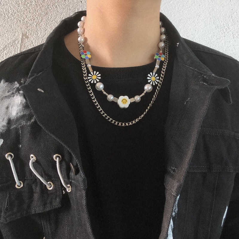 Dây Chuyền Mặt Hình Hoa Cúc Đính Ngọc Trai Phong Cách Hip Hop